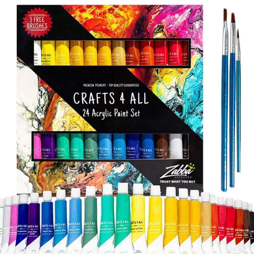 NWT  Crafts 4 All Acrylic Paint Set - 24-Pack (12mL) with 3 Brushes for Creative